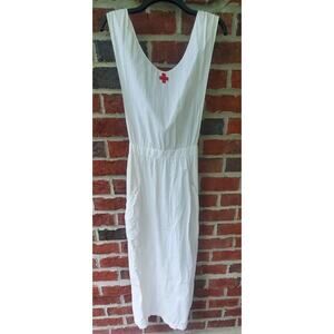 Vintage Antique Red Cross White Cross Back Apron Full 33" Long Handmade Pockets
